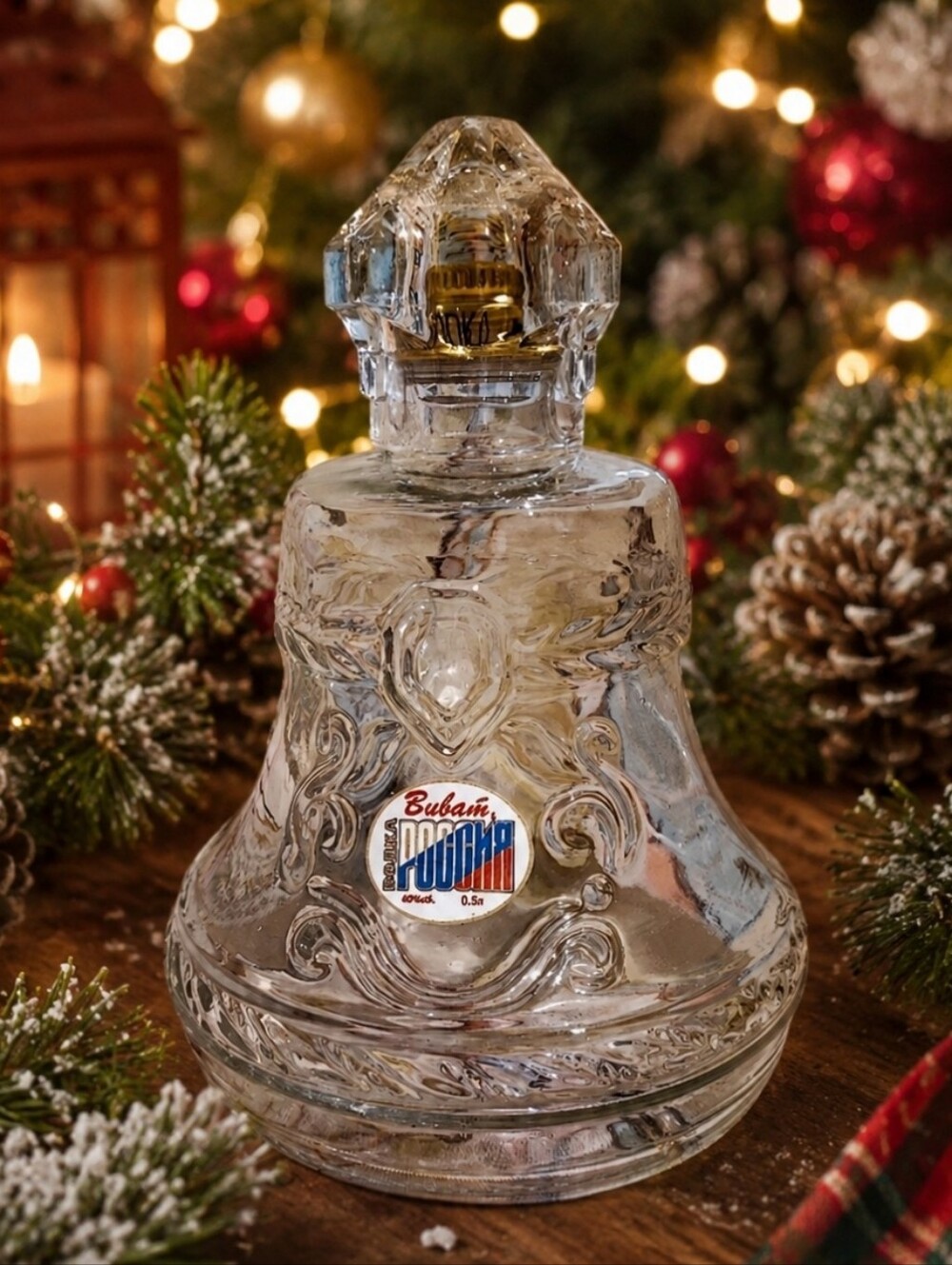 BELL Shaped Figural Glass Russian Vodka Liquor Decanter Bottle with Stopper